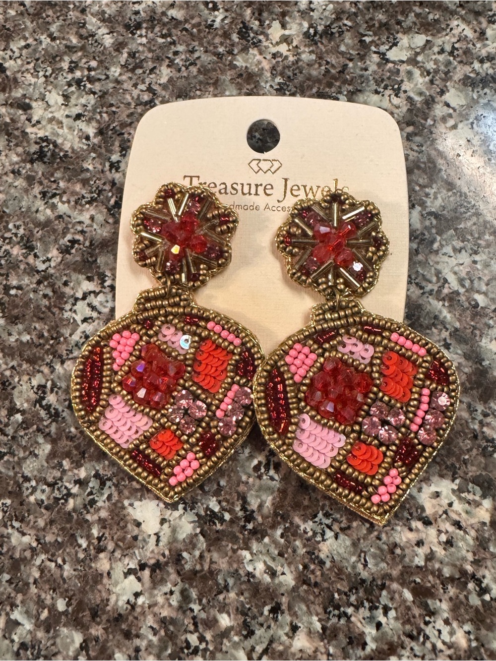 Treasure Jewels New Pink & Red Christmas ornament Beaded Statement Drop Earrings